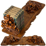 Large Antique Black Forest Carved 20" Desk Top Expanding Book Rack, Fruit & Foliage