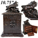 Rare Antique Black Forest Carved 11" Chest, Cabinet, Box: Animalier Style FOX with Pup or Kit