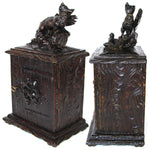 Rare Antique Black Forest Carved 11" Chest, Cabinet, Box: Animalier Style FOX with Pup or Kit