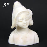 Antique French or Dutch Carved Alabaster 5" Bust of Young Girl, Cap or Bonnet