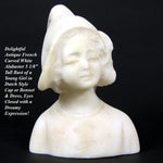 Antique French or Dutch Carved Alabaster 5" Bust of Young Girl, Cap or Bonnet