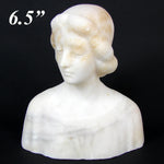 Antique French Carved White Alabaster 6.5" Sculpture, Bust of Young Woman