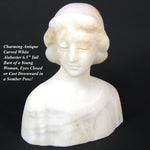 Antique French Carved White Alabaster 6.5" Sculpture, Bust of Young Woman