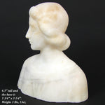 Antique French Carved White Alabaster 6.5" Sculpture, Bust of Young Woman