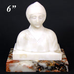 Antique Carved White Alabaster 6" Bust of Woman, Exotic Headscarf or Turban on Marble Plinth