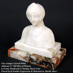 Antique Carved White Alabaster 6" Bust of Woman, Exotic Headscarf or Turban on Marble Plinth