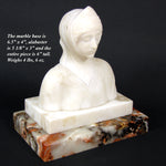 Antique Carved White Alabaster 6" Bust of Woman, Exotic Headscarf or Turban on Marble Plinth