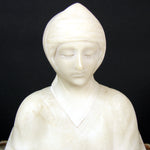 Antique Carved White Alabaster 6" Bust of Woman, Exotic Headscarf or Turban on Marble Plinth