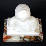 Antique Carved White Alabaster 6" Bust of Woman, Exotic Headscarf or Turban on Marble Plinth