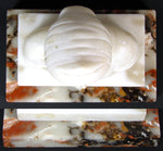 Antique Carved White Alabaster 6" Bust of Woman, Exotic Headscarf or Turban on Marble Plinth