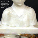 Antique Carved White Alabaster 6" Bust of Woman, Exotic Headscarf or Turban on Marble Plinth