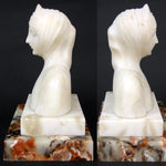 Antique Carved White Alabaster 6" Bust of Woman, Exotic Headscarf or Turban on Marble Plinth