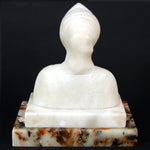 Antique Carved White Alabaster 6" Bust of Woman, Exotic Headscarf or Turban on Marble Plinth