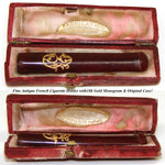 Antique French 'Parisienne' 18k Gold & Amber Cigar Holder in Case, Etui, 2 5/8" Long