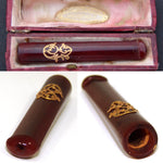Antique French 'Parisienne' 18k Gold & Amber Cigar Holder in Case, Etui, 2 5/8" Long