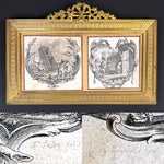 Antique French Empire or Louis XVI Revival Style 9.5" Double Picture Frame, Signed Intaglio Prints