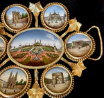 Superb c.1878 Paris World Expo Souvenir Eglomise & Gilt Ormolu Card Tray, 7 Architectural Views