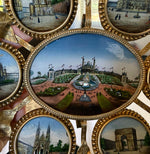 Superb c.1878 Paris World Expo Souvenir Eglomise & Gilt Ormolu Card Tray, 7 Architectural Views