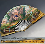 V RARE Early 19th Century French 16k-17k Gold-Mounted Brisé Fan c. 1810–1820, Jeweled and Hand Painted Vellum Leaf