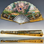 V RARE Early 19th Century French 16k-17k Gold-Mounted Brisé Fan c. 1810–1820, Jeweled and Hand Painted Vellum Leaf