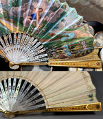 V RARE Early 19th Century French 16k-17k Gold-Mounted Brisé Fan c. 1810–1820, Jeweled and Hand Painted Vellum Leaf