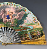 V RARE Early 19th Century French 16k-17k Gold-Mounted Brisé Fan c. 1810–1820, Jeweled and Hand Painted Vellum Leaf