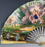V RARE Early 19th Century French 16k-17k Gold-Mounted Brisé Fan c. 1810–1820, Jeweled and Hand Painted Vellum Leaf