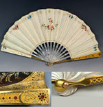 V RARE Early 19th Century French 16k-17k Gold-Mounted Brisé Fan c. 1810–1820, Jeweled and Hand Painted Vellum Leaf