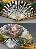 V RARE Early 19th Century French 16k-17k Gold-Mounted Brisé Fan c. 1810–1820, Jeweled and Hand Painted Vellum Leaf
