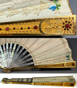 V RARE Early 19th Century French 16k-17k Gold-Mounted Brisé Fan c. 1810–1820, Jeweled and Hand Painted Vellum Leaf