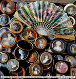 V RARE Early 19th Century French 16k-17k Gold-Mounted Brisé Fan c. 1810–1820, Jeweled and Hand Painted Vellum Leaf