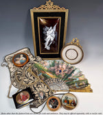 V RARE Early 19th Century French 16k-17k Gold-Mounted Brisé Fan c. 1810–1820, Jeweled and Hand Painted Vellum Leaf