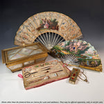 V RARE Early 19th Century French 16k-17k Gold-Mounted Brisé Fan c. 1810–1820, Jeweled and Hand Painted Vellum Leaf