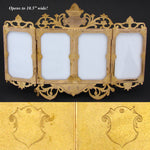 Antique French Victorian Era Gilt Bronze Triptych Style Quad Picture Frame, Carte de Visite Size