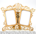Antique French Gilt Bronze 8.25" Double Picture Frame, Ornate Reticulated & Easel Stand