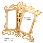 Antique French Gilt Bronze 8.25" Double Picture Frame, Ornate Reticulated & Easel Stand
