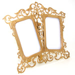 Antique French Gilt Bronze 8.25" Double Picture Frame, Ornate Reticulated & Easel Stand