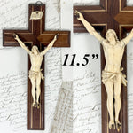 Antique French Dieppe Style Carved Ivory Christ Figure or Corpus, 11.5" Brass Inlaid Mahogany Crucifix