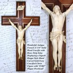 Antique French Dieppe Style Carved Ivory Christ Figure or Corpus, 11.5" Brass Inlaid Mahogany Crucifix