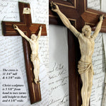 Antique French Dieppe Style Carved Ivory Christ Figure or Corpus, 11.5" Brass Inlaid Mahogany Crucifix