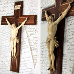 Antique French Dieppe Style Carved Ivory Christ Figure or Corpus, 11.5" Brass Inlaid Mahogany Crucifix