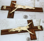 Antique French Dieppe Style Carved Ivory Christ Figure or Corpus, 11.5" Brass Inlaid Mahogany Crucifix