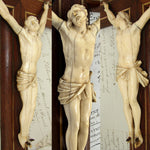 Antique French Dieppe Style Carved Ivory Christ Figure or Corpus, 11.5" Brass Inlaid Mahogany Crucifix
