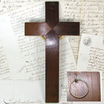 Antique French Dieppe Style Carved Ivory Christ Figure or Corpus, 11.5" Brass Inlaid Mahogany Crucifix