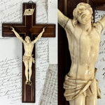 Antique French Dieppe Style Carved Ivory Christ Figure or Corpus, 11.5" Brass Inlaid Mahogany Crucifix
