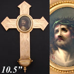Antique French 10.5" Gilt Bronze Cross, Holy Water Font & HP Portrait of Christ on Porclelain