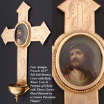 Antique French 10.5" Gilt Bronze Cross, Holy Water Font & HP Portrait of Christ on Porclelain