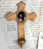 Antique French 10.5" Gilt Bronze Cross, Holy Water Font & HP Portrait of Christ on Porclelain