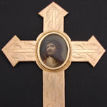 Antique French 10.5" Gilt Bronze Cross, Holy Water Font & HP Portrait of Christ on Porclelain