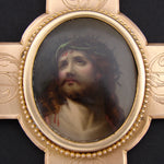 Antique French 10.5" Gilt Bronze Cross, Holy Water Font & HP Portrait of Christ on Porclelain